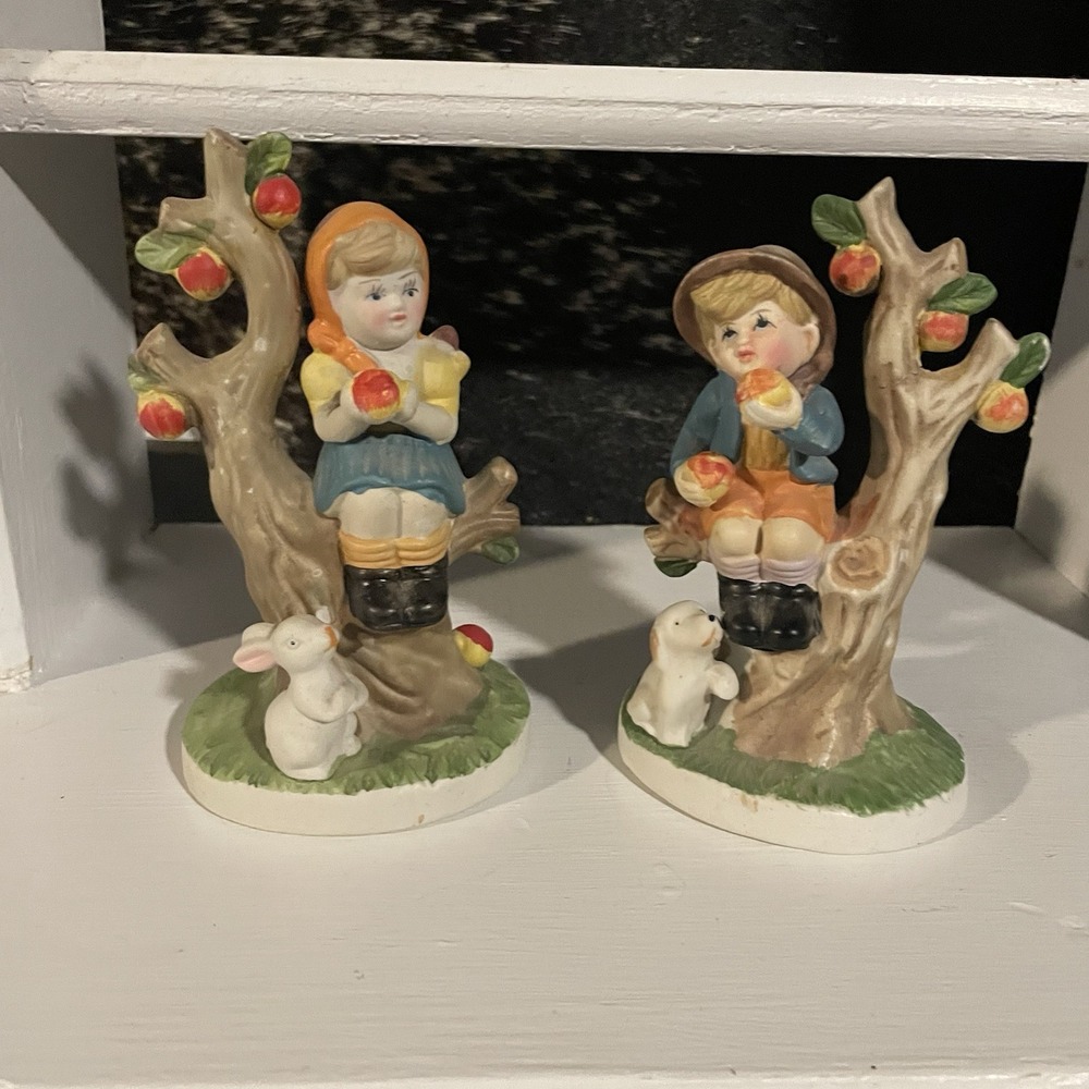 Vintage Hummellike Figurines Boy & Dog, Girl And Rabbit Sitting In A Apple Tree
